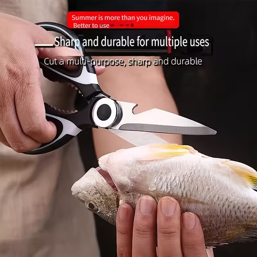 1 Durable Stainless Steel Kitchen Scissors, Multi-Functional Food Scissors for Fish, BBQ, and Bone Cutting