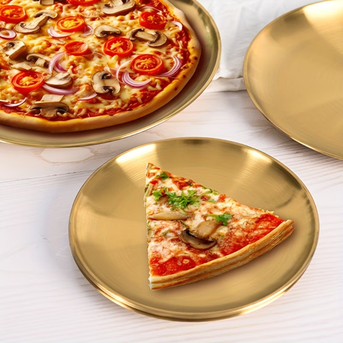 2 pcs Versatile Golden Stainless Steel Serving Platter - Perfect for Pizza, Desserts, Steak