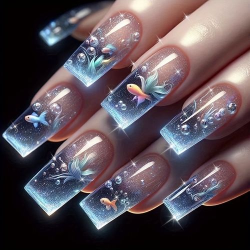 Ladies' False Nails in The Blue Series, Square And Long, with a Gradient Underwater Fish, Bubble, And Seaweed Pattern Design, Removable And Reusable.