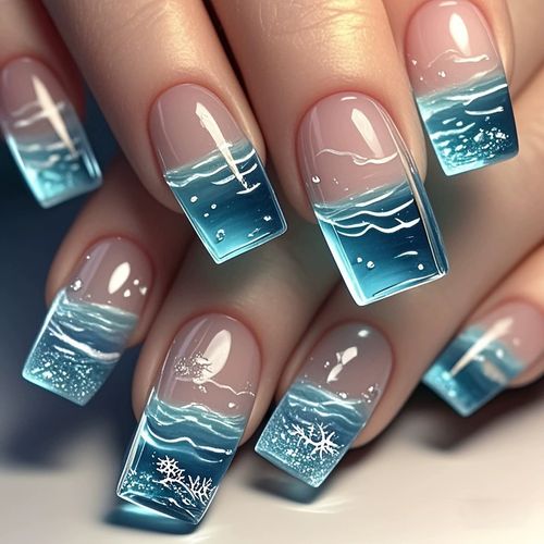 Ladies' False Nails in The Blue Series, Square And Long, with a Gradient Underwater Fish, Bubble, And Seaweed Pattern Design, Removable And Reusable.