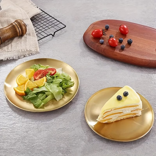 2 pcs Versatile Golden Stainless Steel Serving Platter - Perfect for Pizza, Desserts, Steak