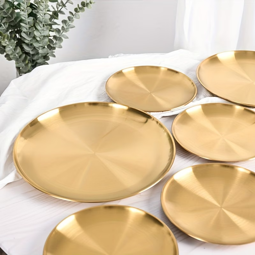 2 pcs Versatile Golden Stainless Steel Serving Platter - Perfect for Pizza, Desserts, Steak