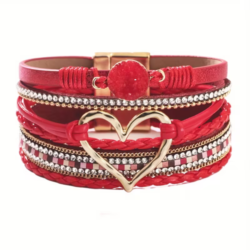 Bohemian Multi-Layer Imitate Faux Leather Bracelet Hand-Woven Bracelet Golden Big Heart Ladies Fashion Bracelet