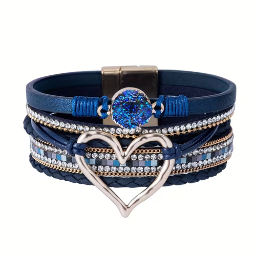 Bohemian Multi-Layer Imitate Faux Leather Bracelet Hand-Woven Bracelet Golden Big Heart Ladies Fashion Bracelet