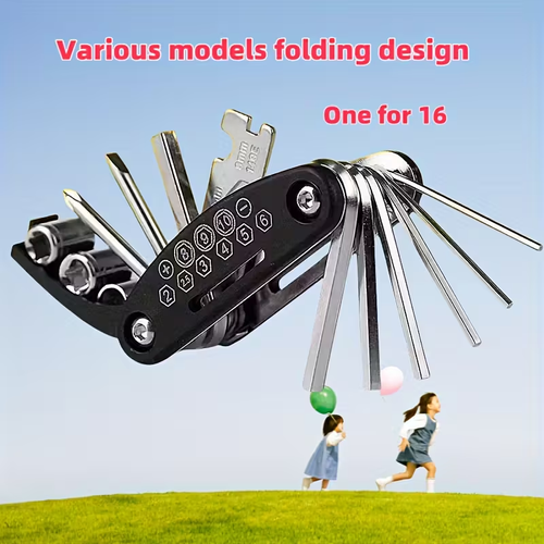 16-in-One Multi-Functional Folding Bike Repair Tool Set - Durable Carbon Steel Material, Compact And Portable, Perfect for Road And Mountain Bicycles - Essential for Cyclists And Bike Enthusiasts