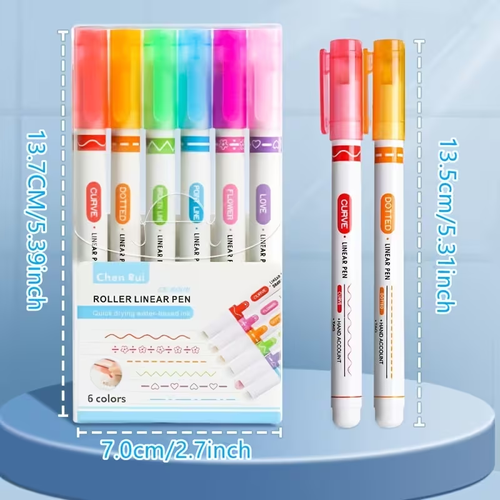 6 Flower-Shaped Outline Pens of Different Hairline Rule, with Lines of Different Curve Shapes, Stationery for Taking Notes, Marking Color Pencil