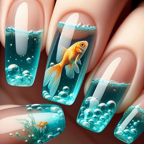 Ladies' False Nails in The Blue Series, Square And Long, with a Gradient Underwater Fish, Bubble, And Seaweed Pattern Design, Removable And Reusable.