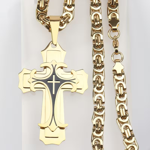 Men's Vintage Flat Handmade Necklace with Multilayer Golden Black Cross Pendant Necklace Jewelry