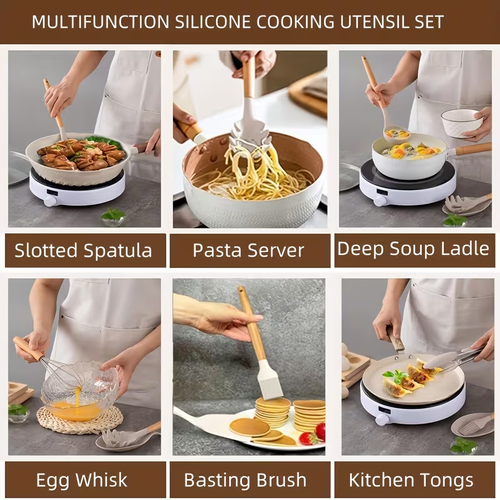 12pcs Silicone Cutlery with Storage Box: Non Stick, Heat-resistant, Easy to Clean, Equipped with Comfortable Wooden Handles, Perfect for Cooking and Baking, Ideal Gift for Valentine's Day, Easter, and Ramadan