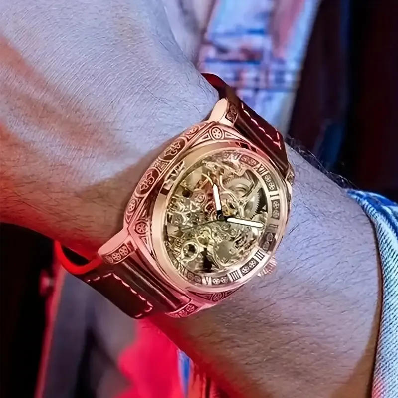Men's Golden-Tone Automatic Mechanical Watch with Carved Hollow Skeleton Dial