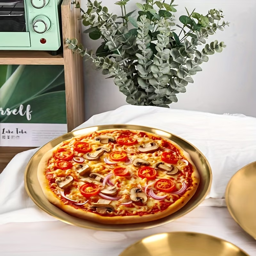 2 pcs Versatile Golden Stainless Steel Serving Platter - Perfect for Pizza, Desserts, Steak