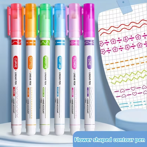 6 Flower-Shaped Outline Pens of Different Hairline Rule, with Lines of Different Curve Shapes, Stationery for Taking Notes, Marking Color Pencil
