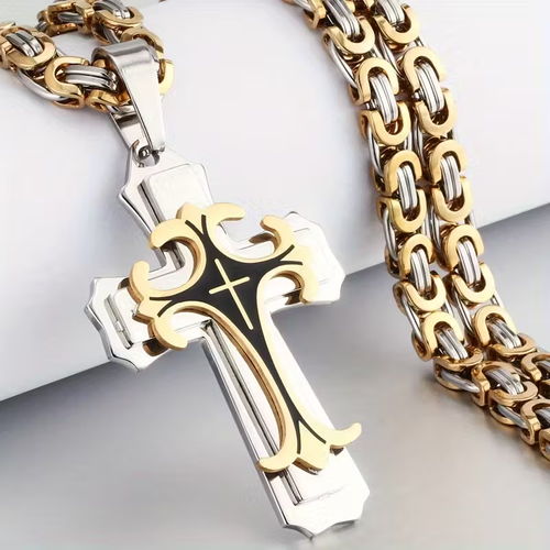 Men's Vintage Flat Handmade Necklace with Multilayer Golden Black Cross Pendant Necklace Jewelry