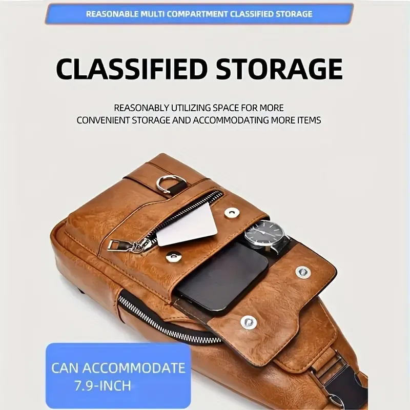 1 Men'S New Faux Leather Retro Casual Simple Chest Bag, Crossbody Large Capacity Multi Compartment Premium Men'S Crossbody Bag, Suitable For Carrying On The Go.