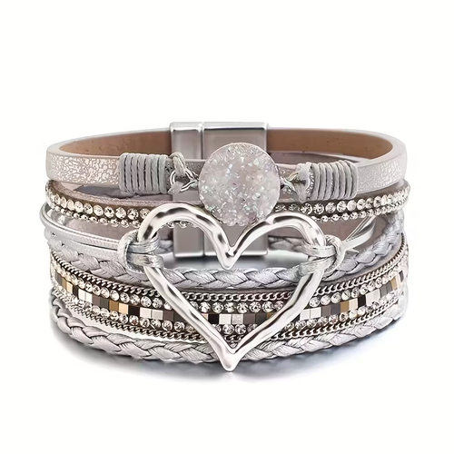Bohemian Multi-Layer Imitate Faux Leather Bracelet Hand-Woven Bracelet Golden Big Heart Ladies Fashion Bracelet