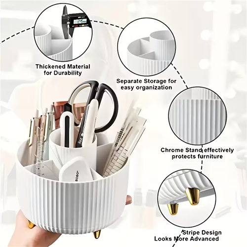 360° Rotating Makeup Organizer - 1pc Plastic Cosmetic Storage with 5 Compartments - Multi-Functional Holder for Brushes, Lipsticks, Skin Care Products, and Stationery - Durable Unscented Desk Caddy with Stripe Design