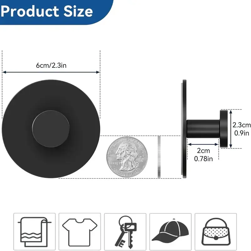Adhesive Door Holder Hanger Shower Accessories, Matt Black Heavy Duty, 6 Pack