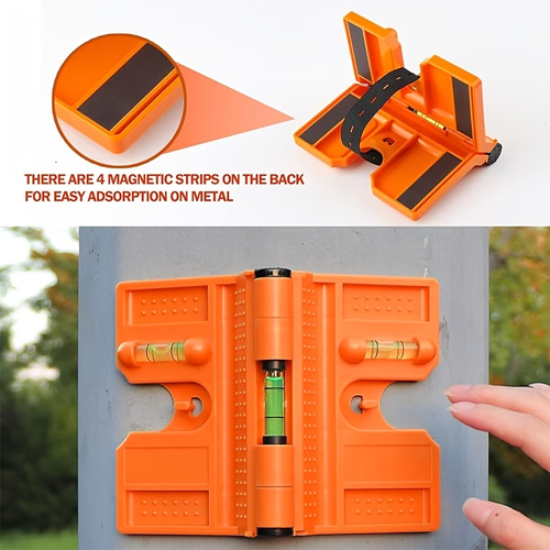One Magnetic Post Level, Featuring a 270° Adjustable Design, a Folding Mechanism, And a 90-Degree Capability for Leveling Posts And Pipes. It Includes Horizontal And Vertical Bubbles, Making It Ideal for Securing Wooden Pillars And Pipelines