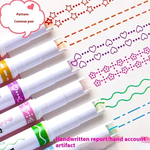 6 Flower-Shaped Outline Pens of Different Hairline Rule, with Lines of Different Curve Shapes, Stationery for Taking Notes, Marking Color Pencil