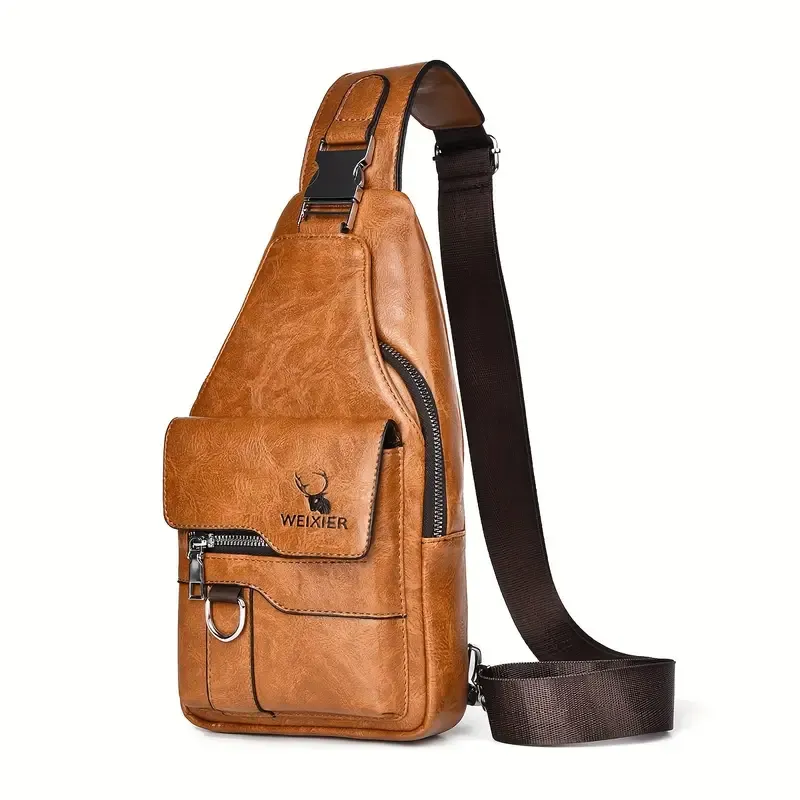 1 Men'S New Faux Leather Retro Casual Simple Chest Bag, Crossbody Large Capacity Multi Compartment Premium Men'S Crossbody Bag, Suitable For Carrying On The Go.