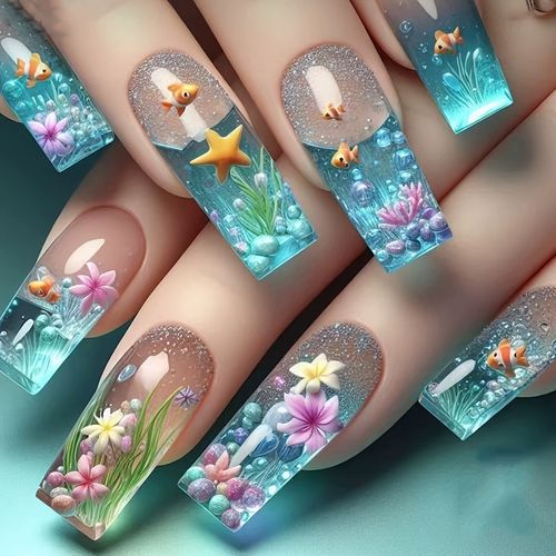 Ladies' False Nails in The Blue Series, Square And Long, with a Gradient Underwater Fish, Bubble, And Seaweed Pattern Design, Removable And Reusable.