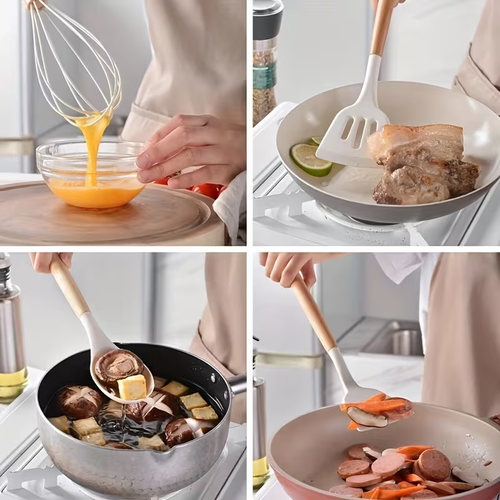 12pcs Silicone Cutlery with Storage Box: Non Stick, Heat-resistant, Easy to Clean, Equipped with Comfortable Wooden Handles, Perfect for Cooking and Baking, Ideal Gift for Valentine's Day, Easter, and Ramadan