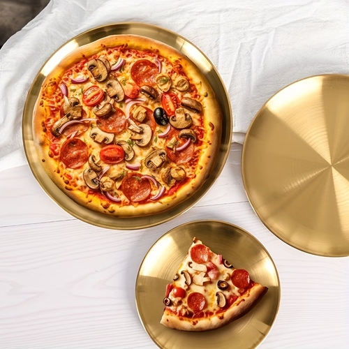 2 pcs Versatile Golden Stainless Steel Serving Platter - Perfect for Pizza, Desserts, Steak