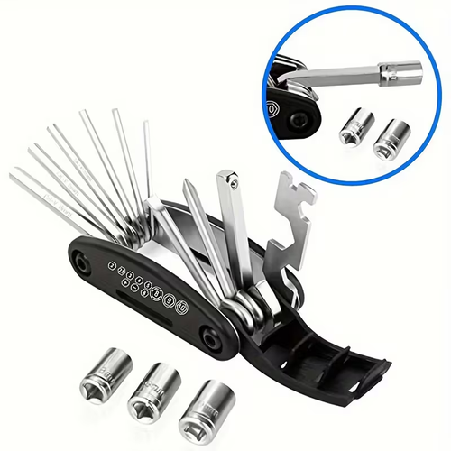 16-in-One Multi-Functional Folding Bike Repair Tool Set - Durable Carbon Steel Material, Compact And Portable, Perfect for Road And Mountain Bicycles - Essential for Cyclists And Bike Enthusiasts