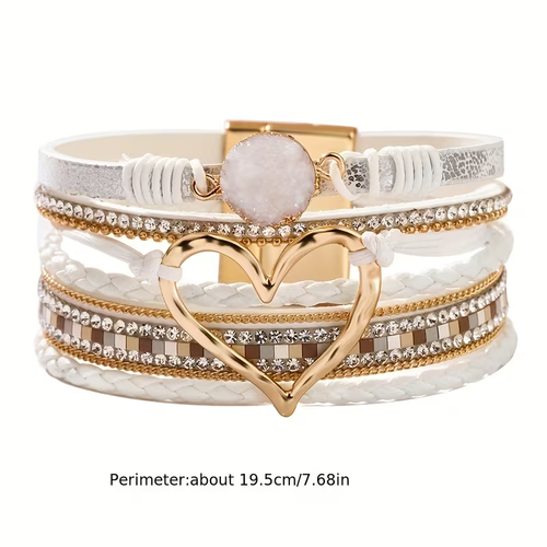 Bohemian Multi-Layer Imitate Faux Leather Bracelet Hand-Woven Bracelet Golden Big Heart Ladies Fashion Bracelet
