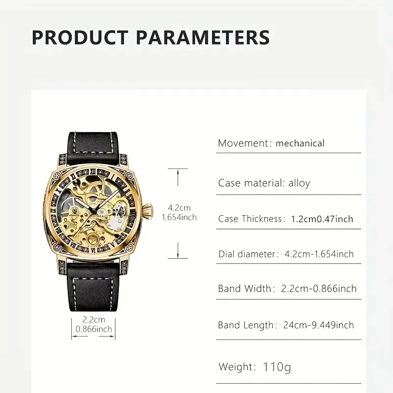 Men's Golden-Tone Automatic Mechanical Watch with Carved Hollow Skeleton Dial