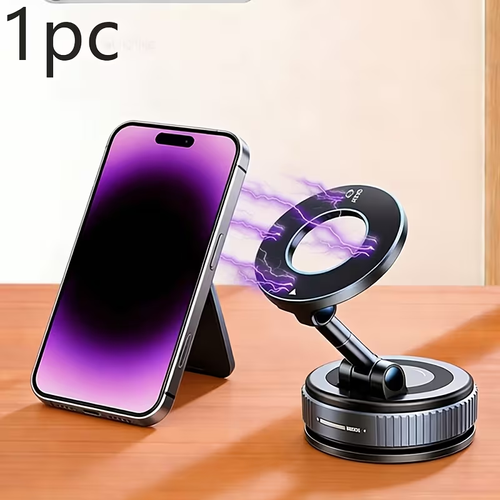 A 360° adjustable magnetic phone holder, suitable for car dashboards, compatible with iPhone 12 and later models.