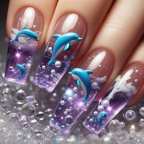 Ladies' False Nails in The Blue Series, Square And Long, with a Gradient Underwater Fish, Bubble, And Seaweed Pattern Design, Removable And Reusable.