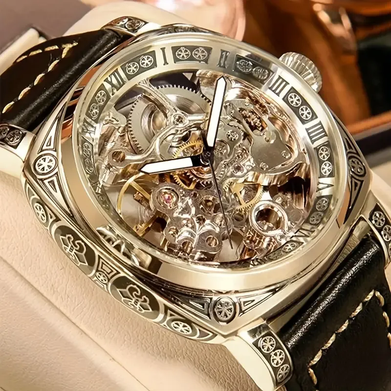 Men's Golden-Tone Automatic Mechanical Watch with Carved Hollow Skeleton Dial