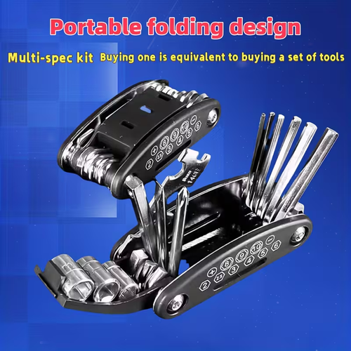 16-in-One Multi-Functional Folding Bike Repair Tool Set - Durable Carbon Steel Material, Compact And Portable, Perfect for Road And Mountain Bicycles - Essential for Cyclists And Bike Enthusiasts