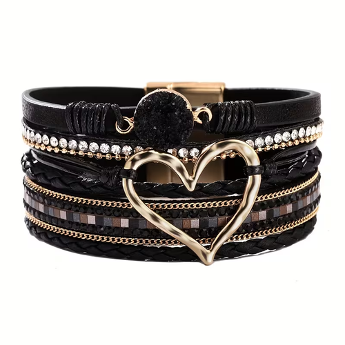 Bohemian Multi-Layer Imitate Faux Leather Bracelet Hand-Woven Bracelet Golden Big Heart Ladies Fashion Bracelet