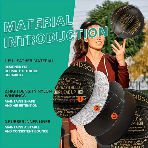 MOACTIV Grandson Basketball - Heartfelt Gift with Inspirational Message, Black Textured Design, International Standard Size 7 (Includes Pump), Holiday Gift Item | Motivational Phrases | Highquality Print