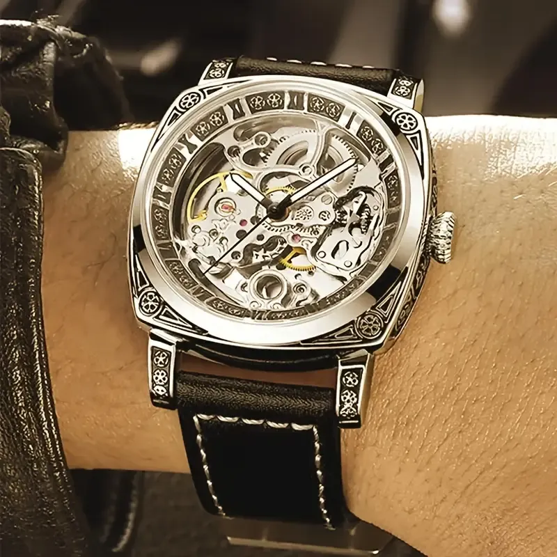 Men's Golden-Tone Automatic Mechanical Watch with Carved Hollow Skeleton Dial