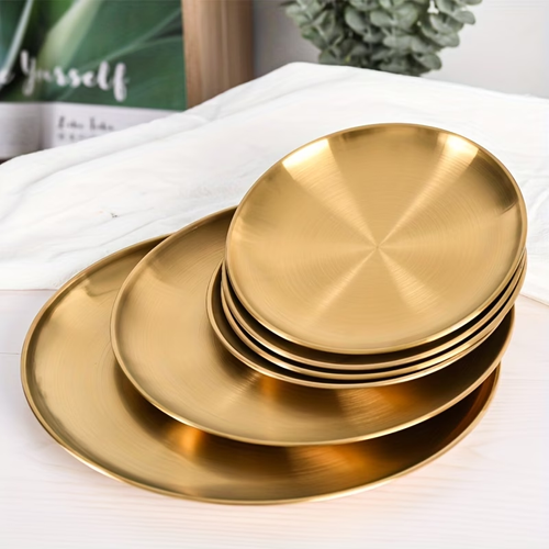 2 pcs Versatile Golden Stainless Steel Serving Platter - Perfect for Pizza, Desserts, Steak