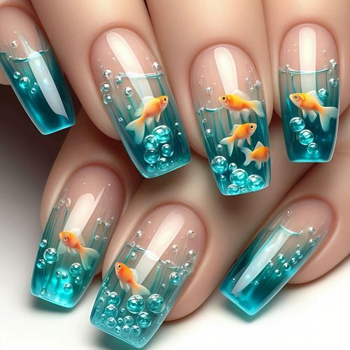 Ladies' False Nails in The Blue Series, Square And Long, with a Gradient Underwater Fish, Bubble, And Seaweed Pattern Design, Removable And Reusable.