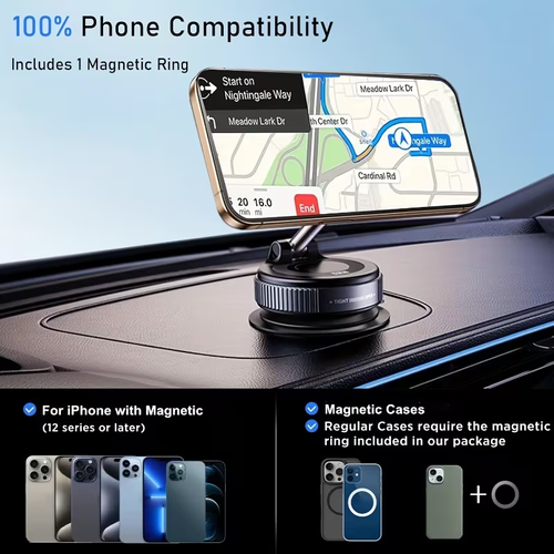 A 360° adjustable magnetic phone holder, suitable for car dashboards, compatible with iPhone 12 and later models.