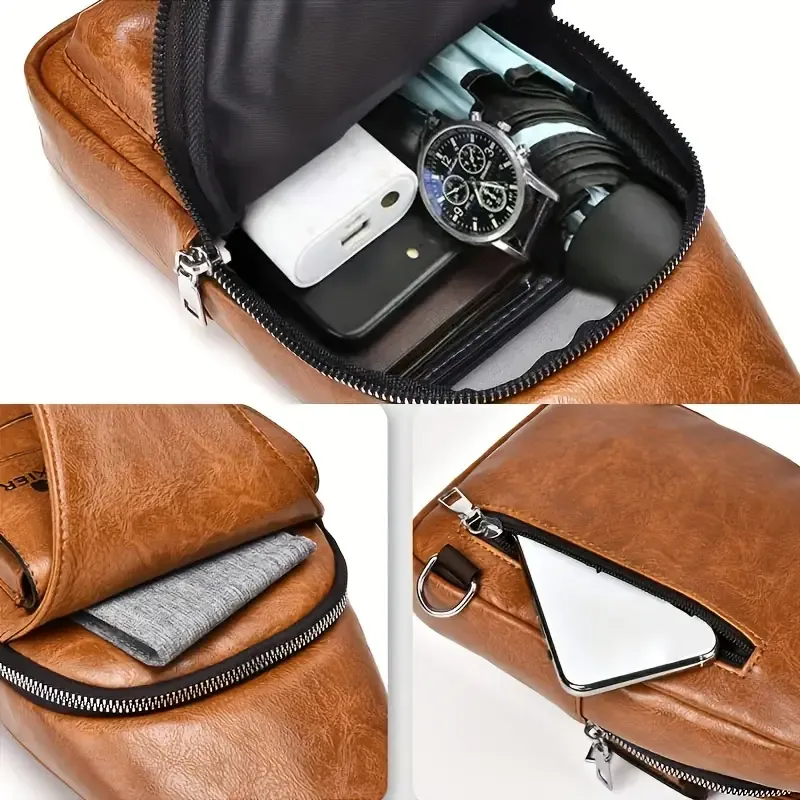 1 Men'S New Faux Leather Retro Casual Simple Chest Bag, Crossbody Large Capacity Multi Compartment Premium Men'S Crossbody Bag, Suitable For Carrying On The Go.