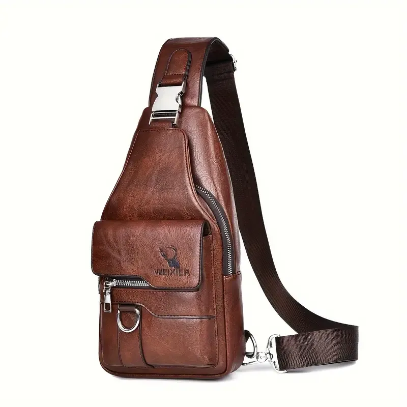 1 Men'S New Faux Leather Retro Casual Simple Chest Bag, Crossbody Large Capacity Multi Compartment Premium Men'S Crossbody Bag, Suitable For Carrying On The Go.