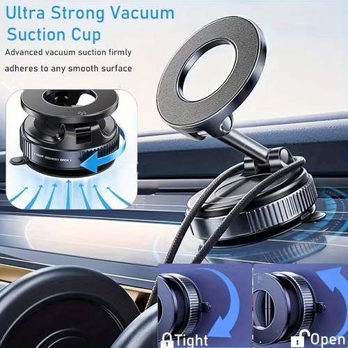 A 360° adjustable magnetic phone holder, suitable for car dashboards, compatible with iPhone 12 and later models.