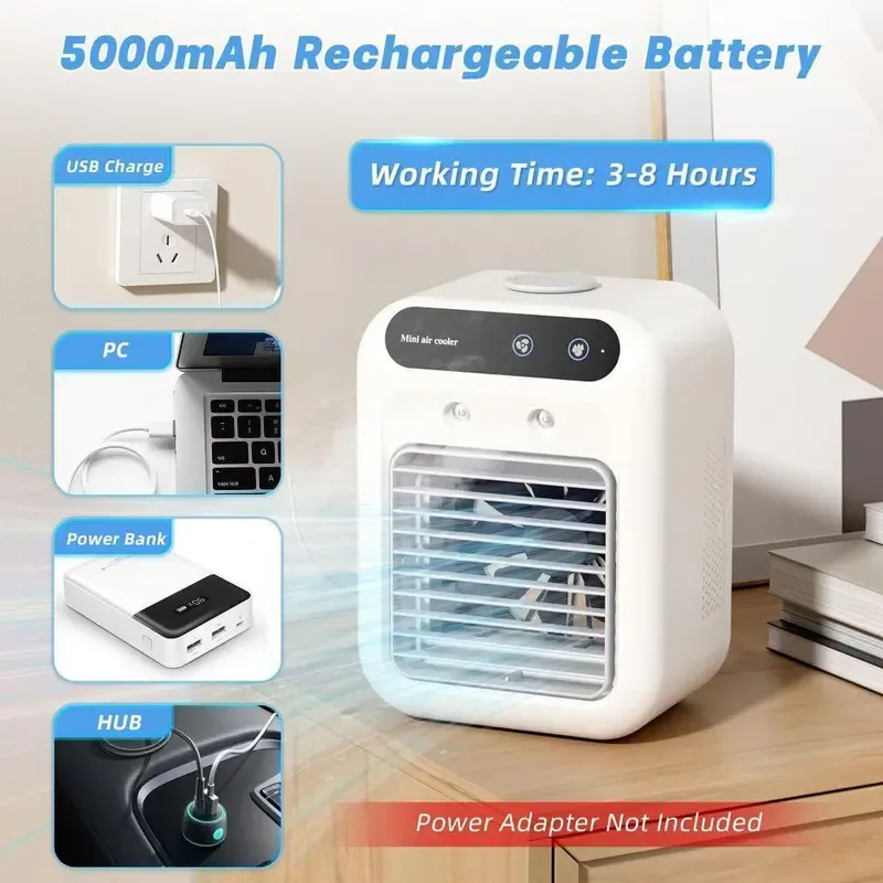 Multifunction Portable Fan - 3-in-1 Plastic USB Rechargeable Desk Evaporative Cooler with 2 Mist Speeds, 1800mAh Battery, 500ml Tank, for Bedroom & Camping (Not an AC Unit)
