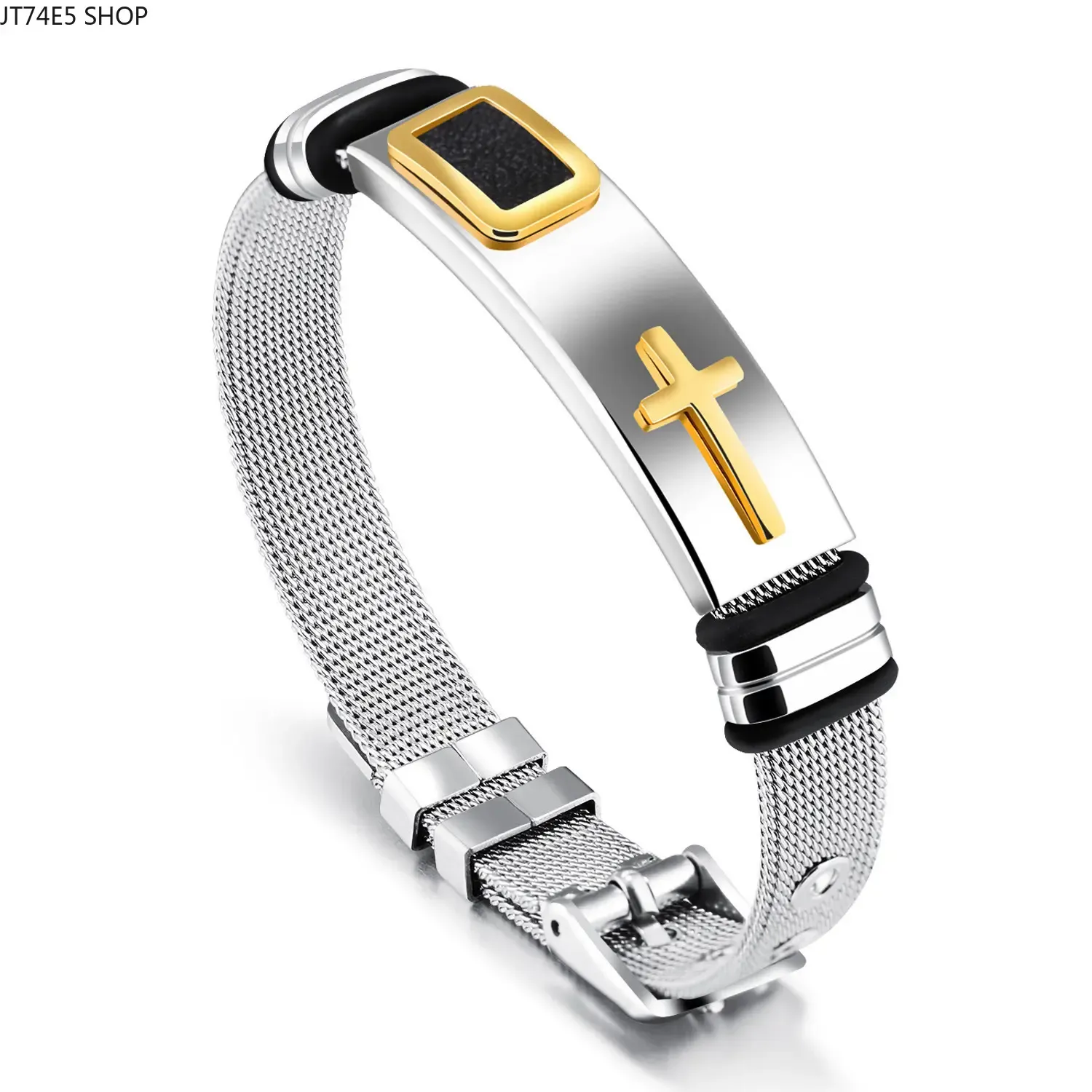 Stainless Steel Mesh Bracelet with Cross Pendant, Adjustable Unisex Couple Jewelry for Anniversary, Dating & Party, Bracelets