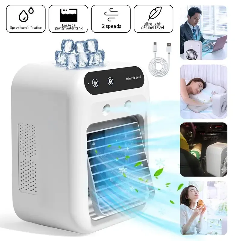 Multifunction Portable Fan - 3-in-1 Plastic USB Rechargeable Desk Evaporative Cooler with 2 Mist Speeds, 1800mAh Battery, 500ml Tank, for Bedroom & Camping (Not an AC Unit)