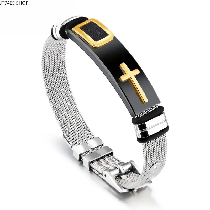 Stainless Steel Mesh Bracelet with Cross Pendant, Adjustable Unisex Couple Jewelry for Anniversary, Dating & Party, Bracelets