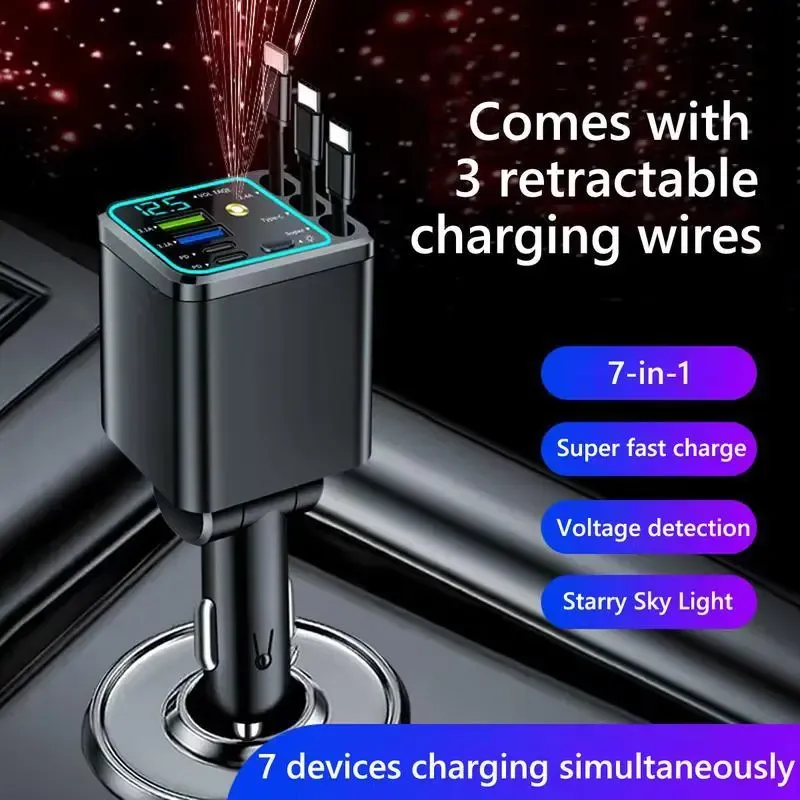 120W Max Super Fast Charging 7-in-1 Automatic Retractable Car Charger with Lightning Data Cable, 3-in-1 Auto-Retract Cables, USB Port, Digital Voltage Monitor, Smart Protection - Car Electronics Accessories for iPhone, Samsung Road Trips