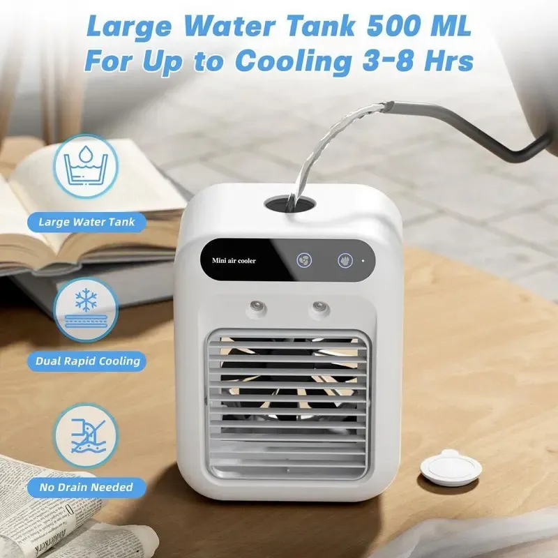 Multifunction Portable Fan - 3-in-1 Plastic USB Rechargeable Desk Evaporative Cooler with 2 Mist Speeds, 1800mAh Battery, 500ml Tank, for Bedroom & Camping (Not an AC Unit)