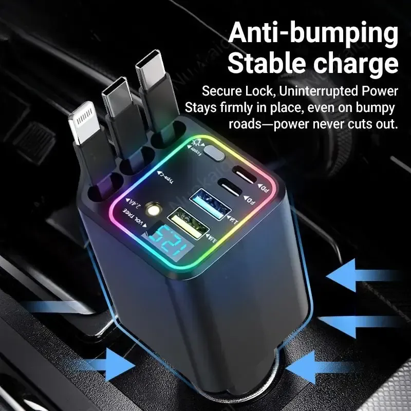 120W Max Super Fast Charging 7-in-1 Automatic Retractable Car Charger with Lightning Data Cable, 3-in-1 Auto-Retract Cables, USB Port, Digital Voltage Monitor, Smart Protection - Car Electronics Accessories for iPhone, Samsung Road Trips